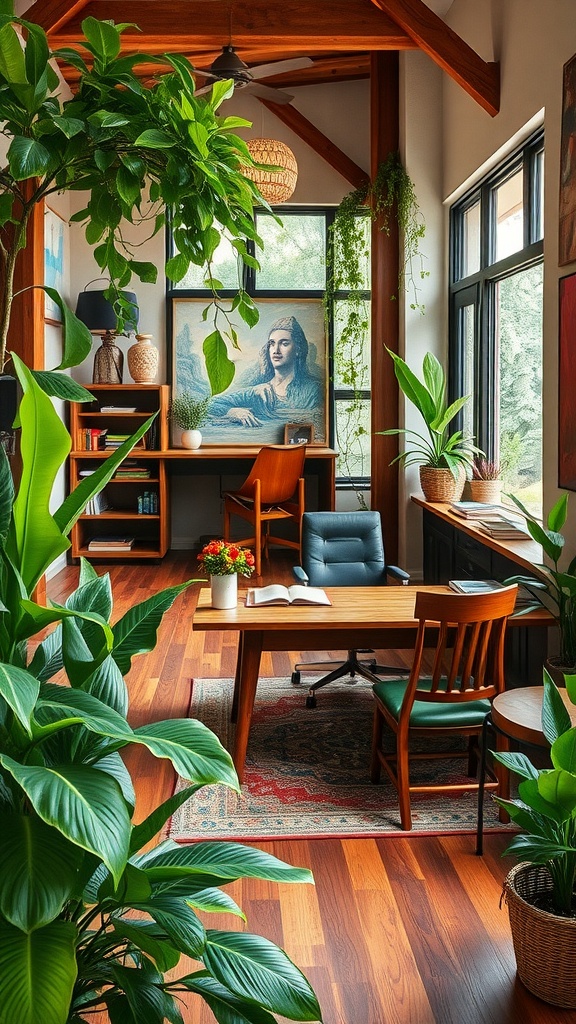 A nature-inspired home office featuring wooden beams, large windows, and various indoor plants.