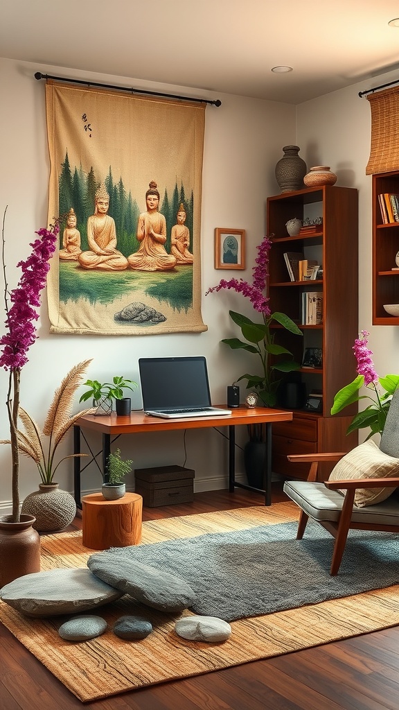 A calming work from home office featuring natural decor elements, including plants, stones, and serene artwork.