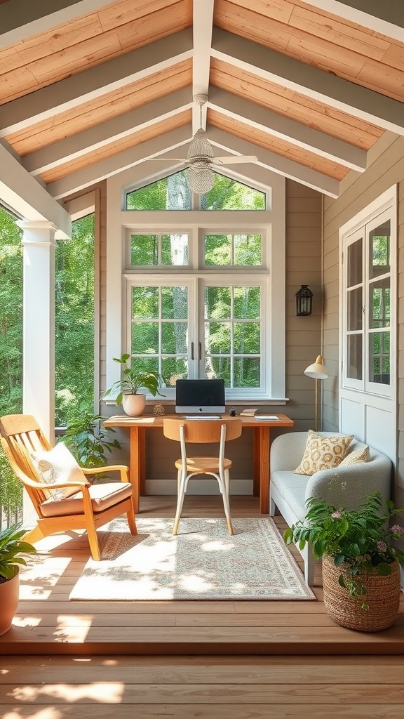 A cozy nature-inspired home office with large windows, wooden ceiling, and plants.