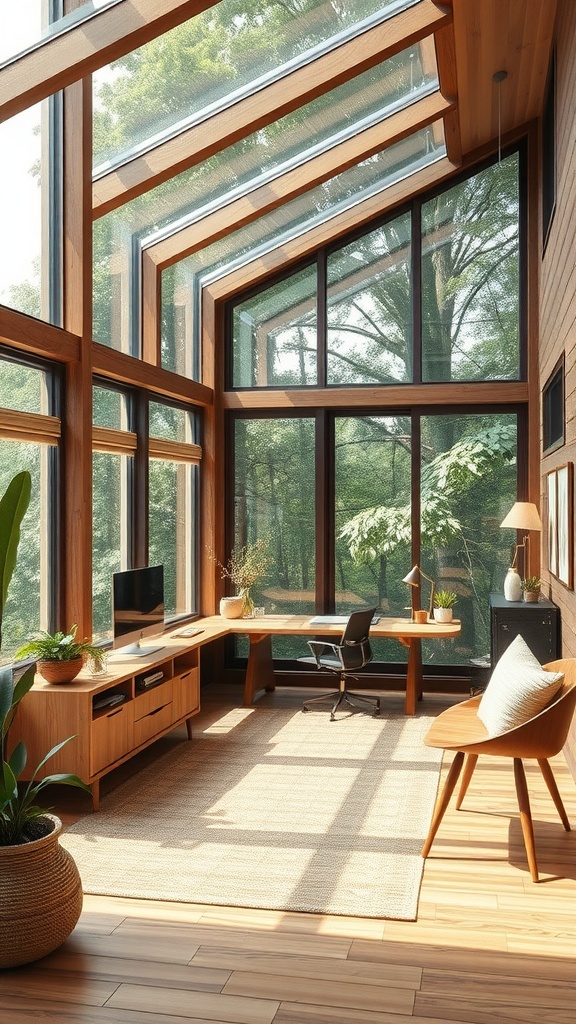 A nature-inspired home office with large windows, wooden furniture, and plants