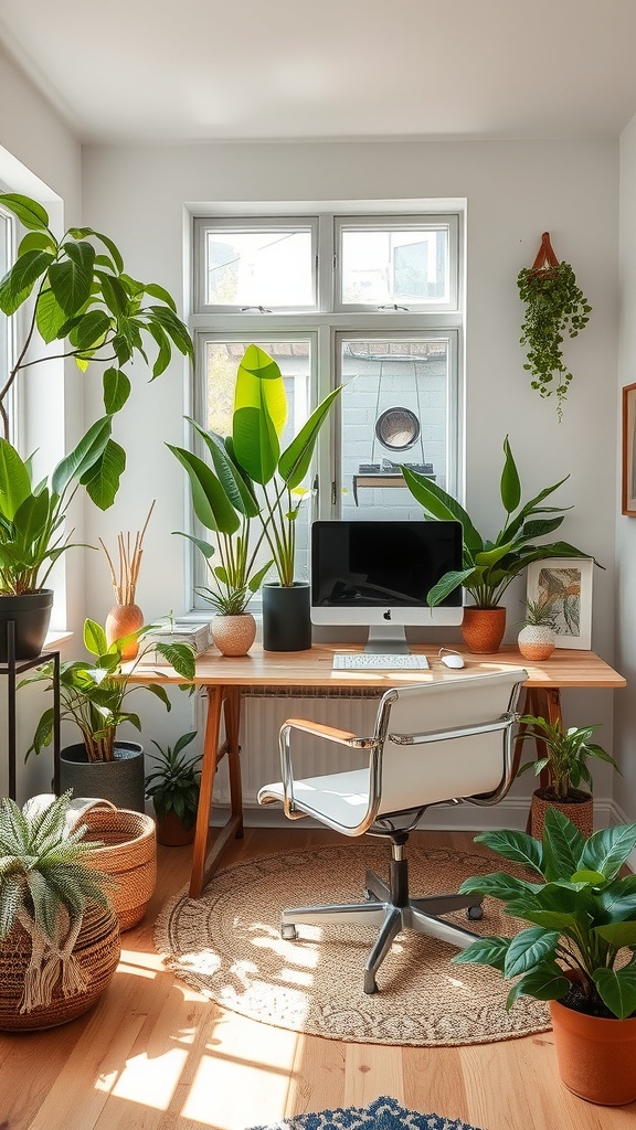 A cozy home office filled with plants, natural light, and elegant furniture.