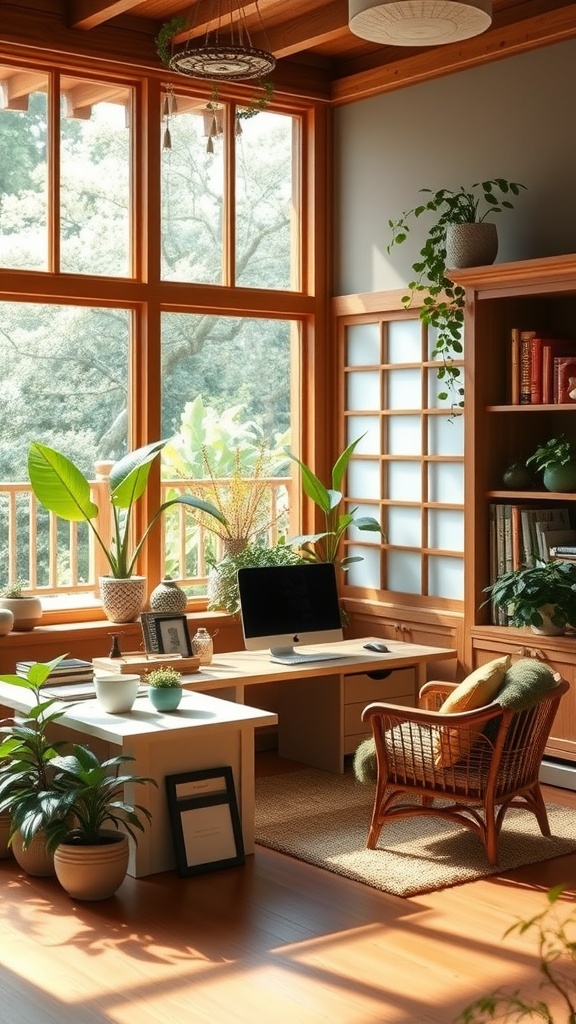 A serene home office with large windows, wooden beams, plants, and a minimalist desk setup.