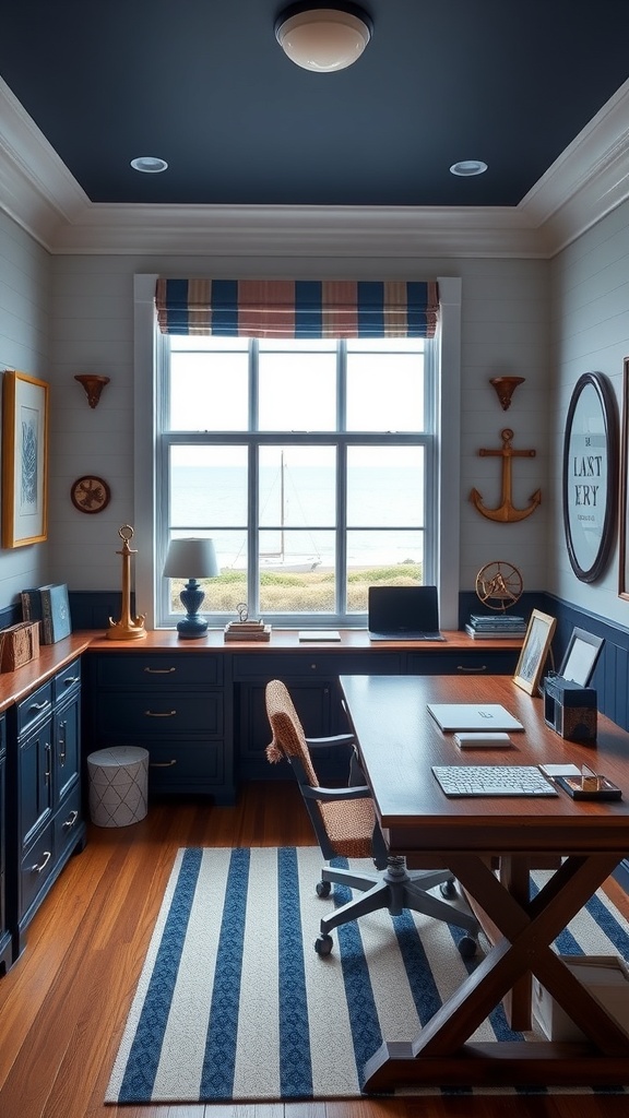 A nautical-themed home office featuring a wooden desk, modern chair, and coastal decor.