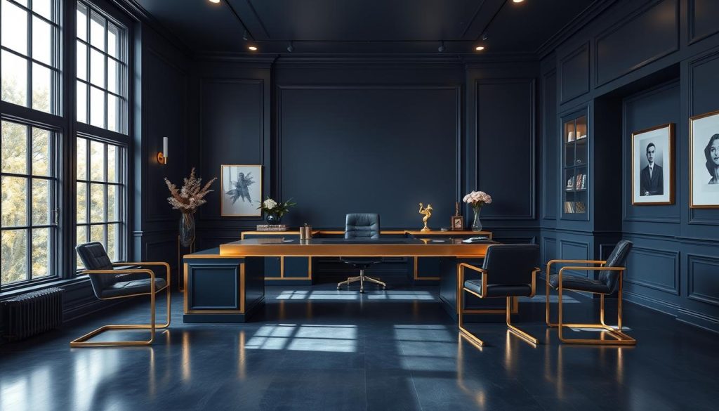 navy blue and gold office