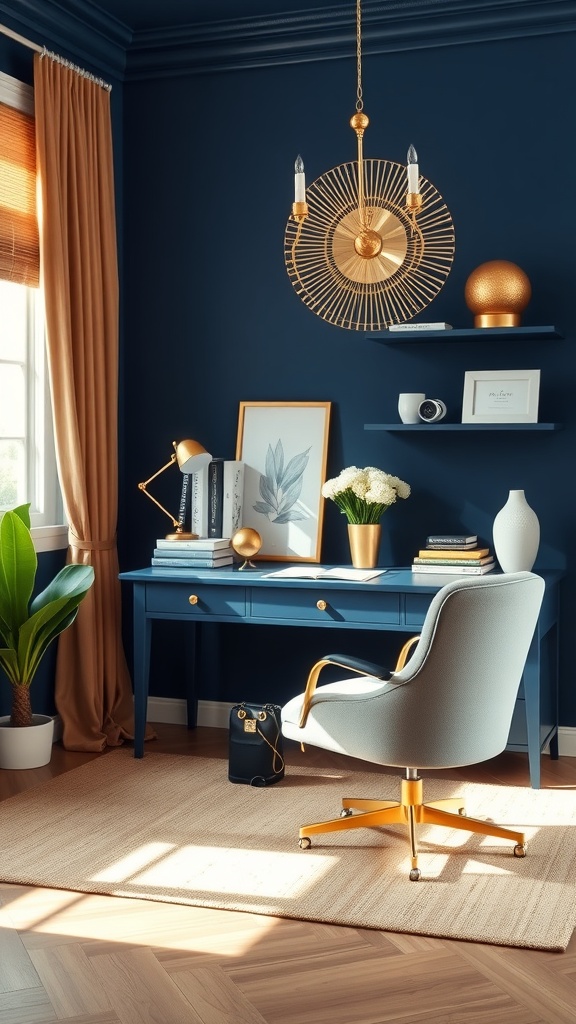 A navy blue and gold home office featuring a stylish desk, comfortable chair, and decorative elements.