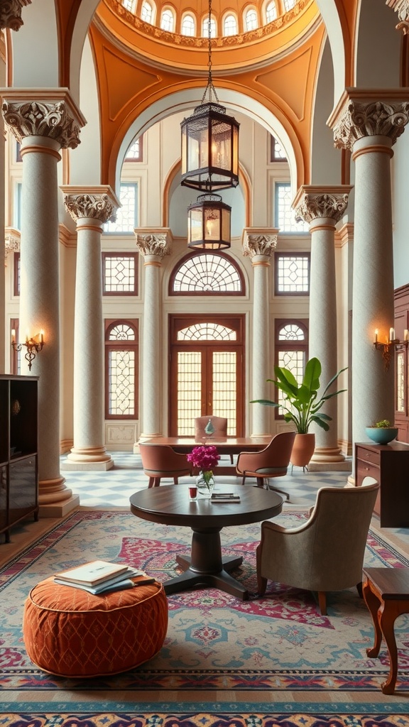Interior of a Neo-Classical Islamic style home office with grand columns and elegant furniture.