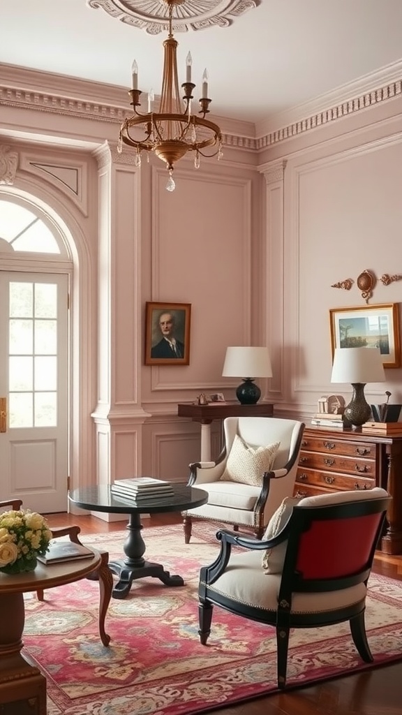 A beautifully designed home office with soft pink walls, classic furniture, and elegant decor.