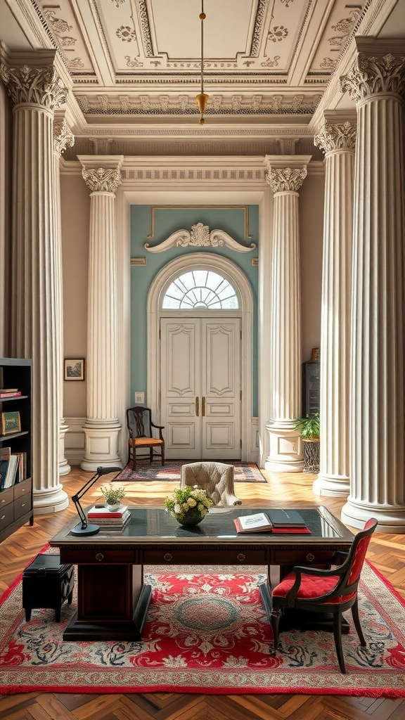 A neoclassical home office with grand columns, a classic desk, and elegant decor.