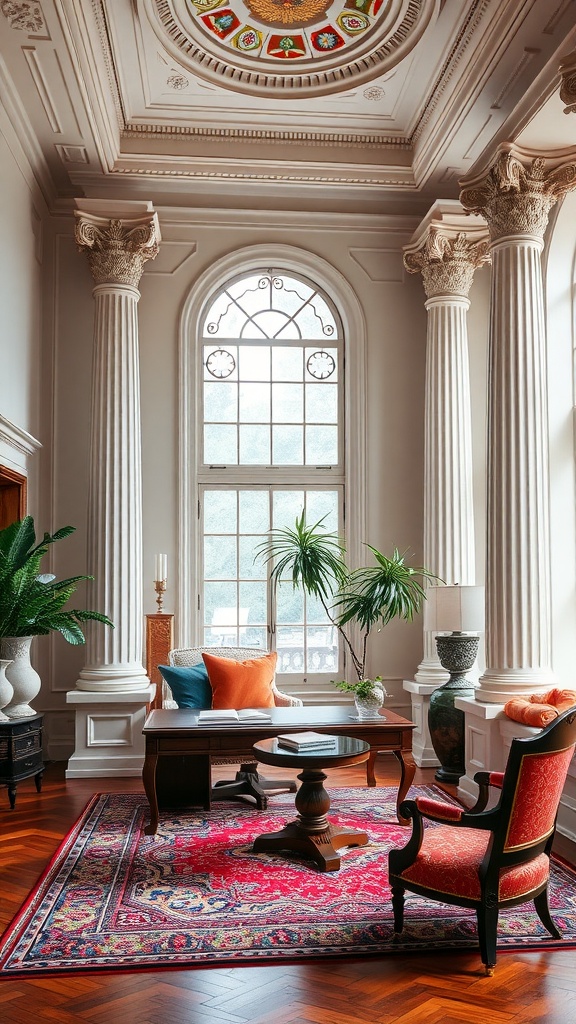 A neoclassical home office featuring tall columns, a decorative ceiling, and elegant furnishings.