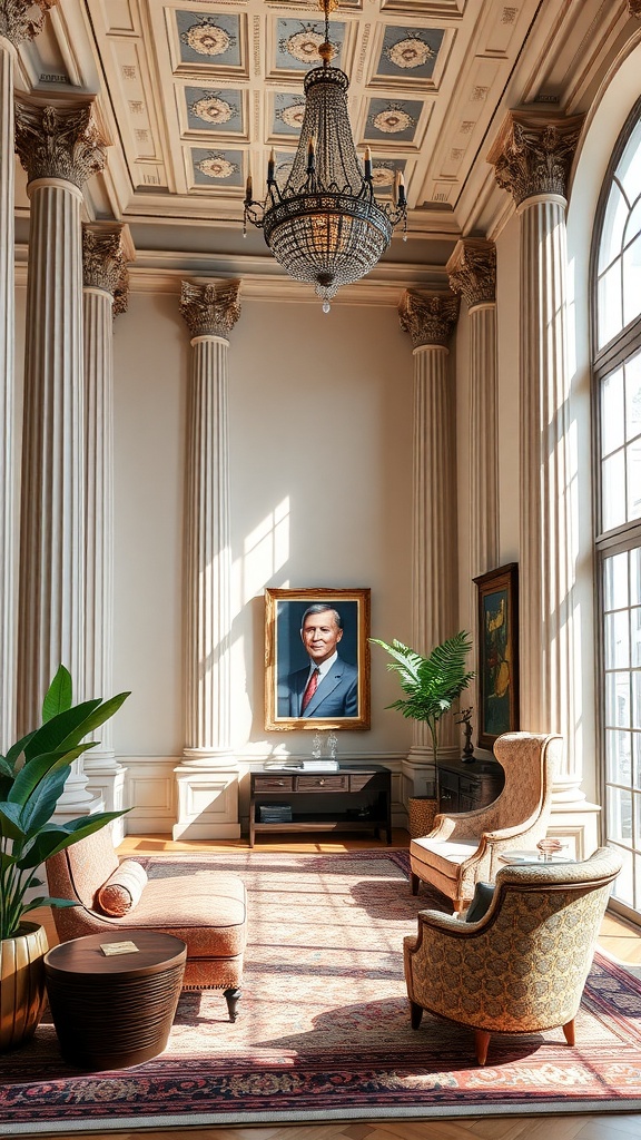 A neoclassical home office featuring tall columns, an intricate ceiling, elegant furniture, and a chandelier.