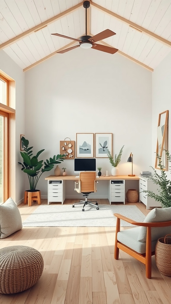 A bright Nordic-inspired home office featuring natural materials and plants.