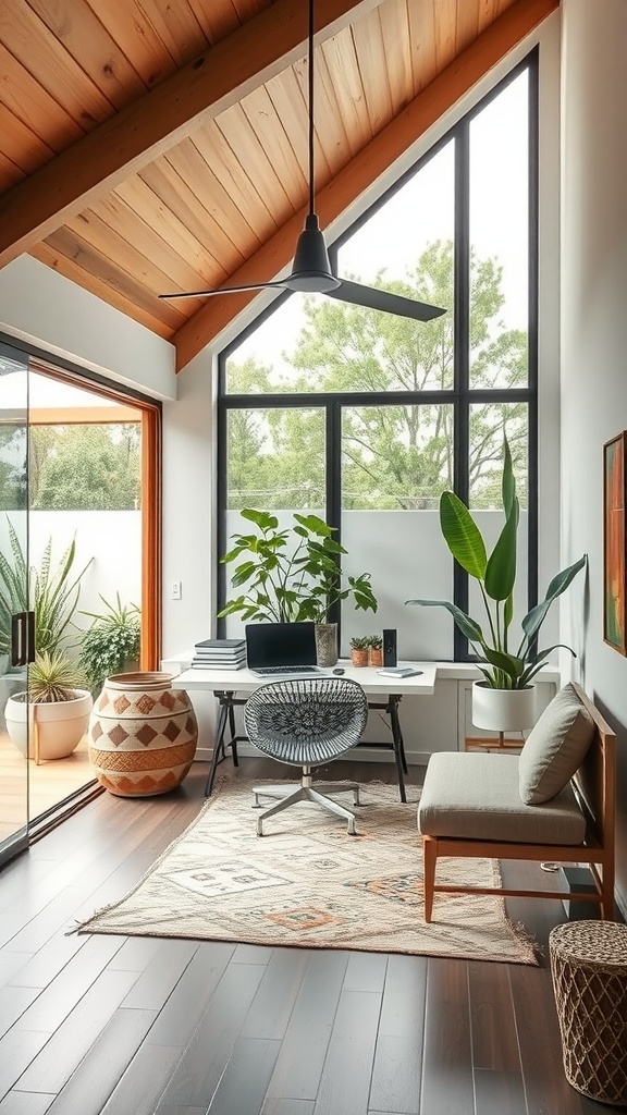 A bright and airy home office with wooden beams, large windows, and plants, reflecting Japanese architecture.