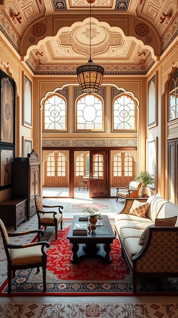 An elegant room showcasing Mughal architecture with large windows and intricate ceiling designs, leading to an open courtyard.