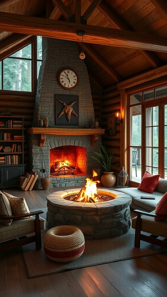 Cozy home office with an open fire pit surrounded by rustic decor