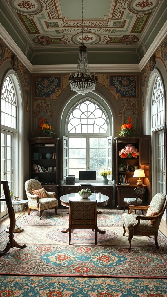 A beautifully designed home office featuring art nouveau architecture with high ceilings, large windows, and elegant furniture.