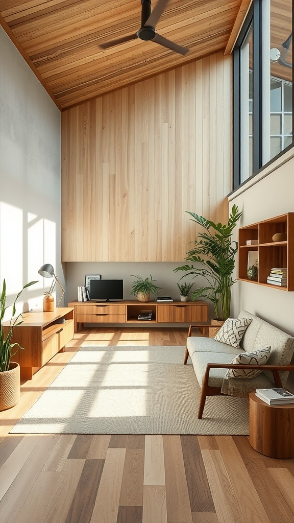 A modern home office featuring wooden elements, natural light, and plants