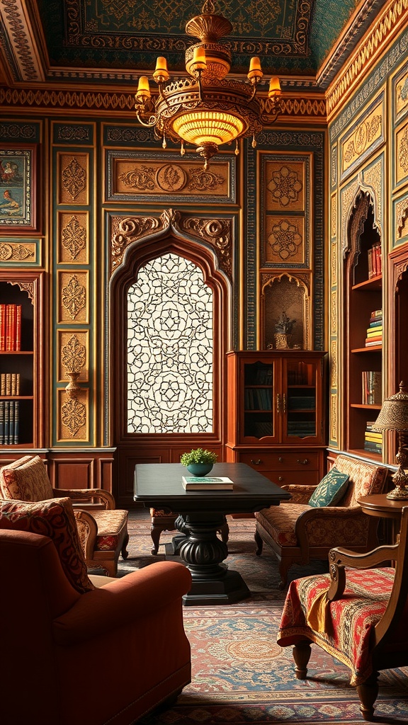 A beautifully decorated home office featuring ornate furniture, intricate wall designs, and a stunning chandelier, inspired by Mughal architecture.