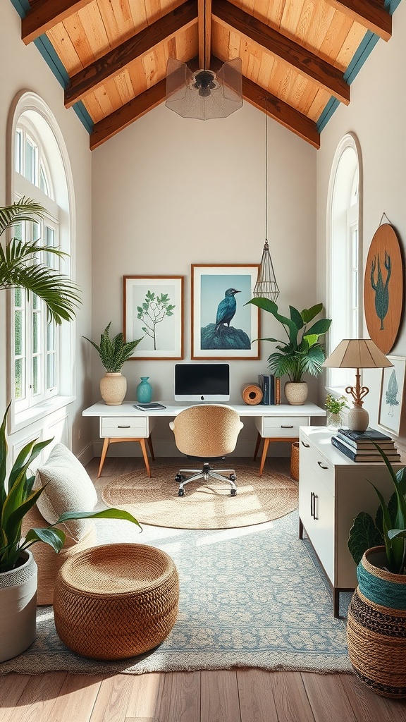 A bright home office featuring large windows, plants, and natural materials, creating an outdoor-inspired decor.