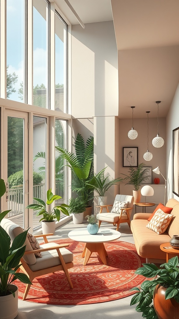 A bright home office with large windows, plants, and comfortable seating, showcasing outdoor-inspired design.