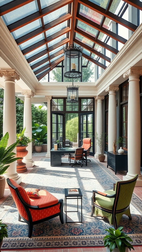 A sunroom with a glass roof, elegant columns, and comfortable seating, designed for a home office.