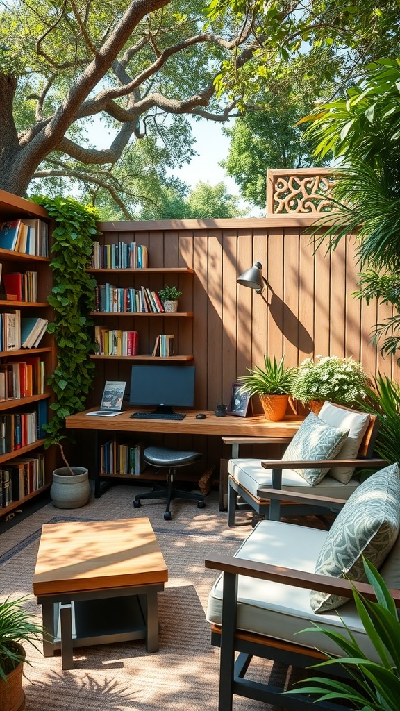 Cozy outdoor library workspace with wooden walls, a desk, bookshelves, and comfortable seating.