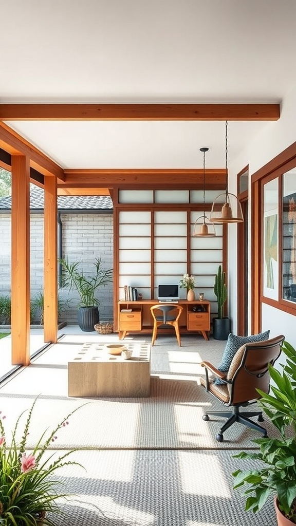 A modern outdoor workspace featuring wooden beams, shoji screens, and plants, blending traditional and modern Japanese architecture.