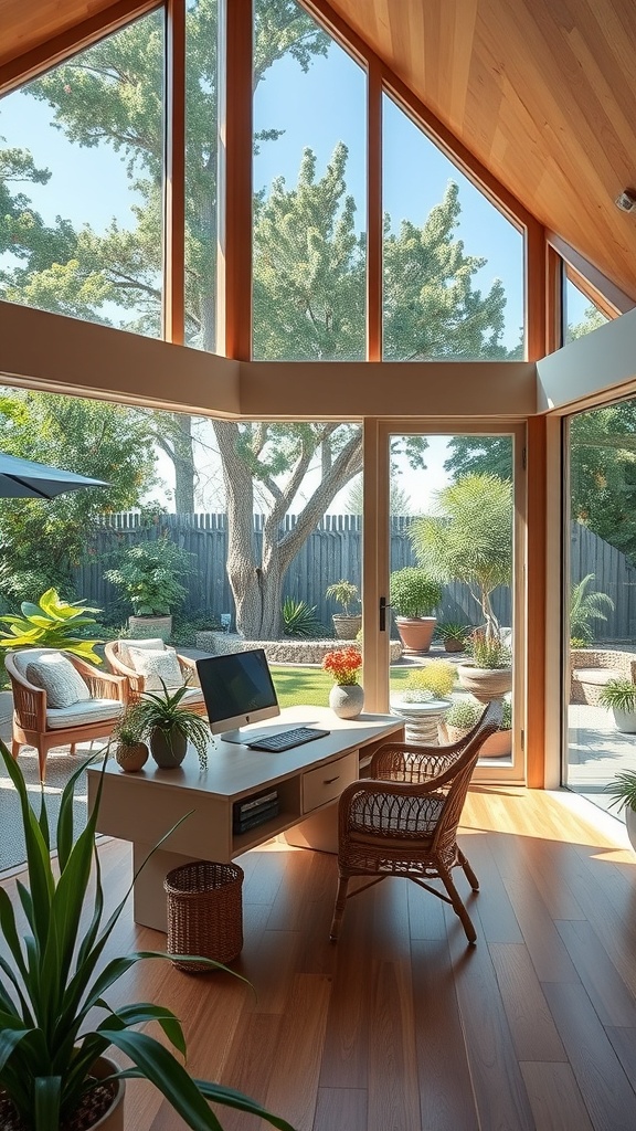 A bright home office with large windows overlooking a garden, featuring a desk, computer, and plants.
