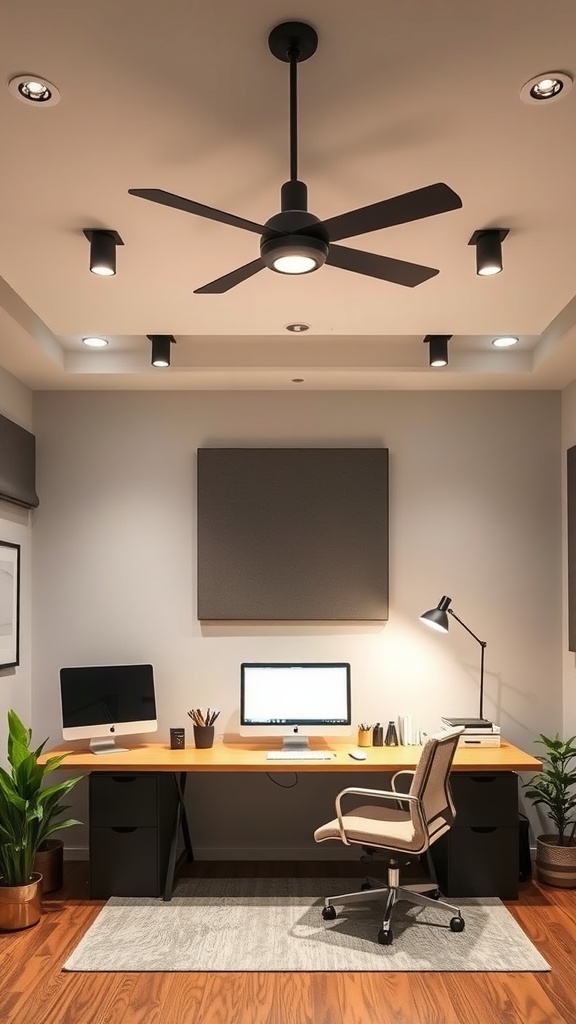A modern home office with overhead lighting, featuring a ceiling fan and a cozy seating area.