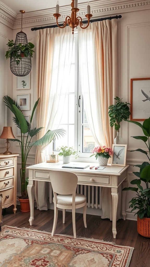 A stylish Parisian chic home office featuring a white desk, elegant chair, plants, and soft curtains.