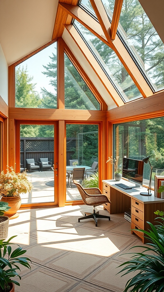 Bright home office with large windows, wooden beams, and plants, showcasing passive solar design.
