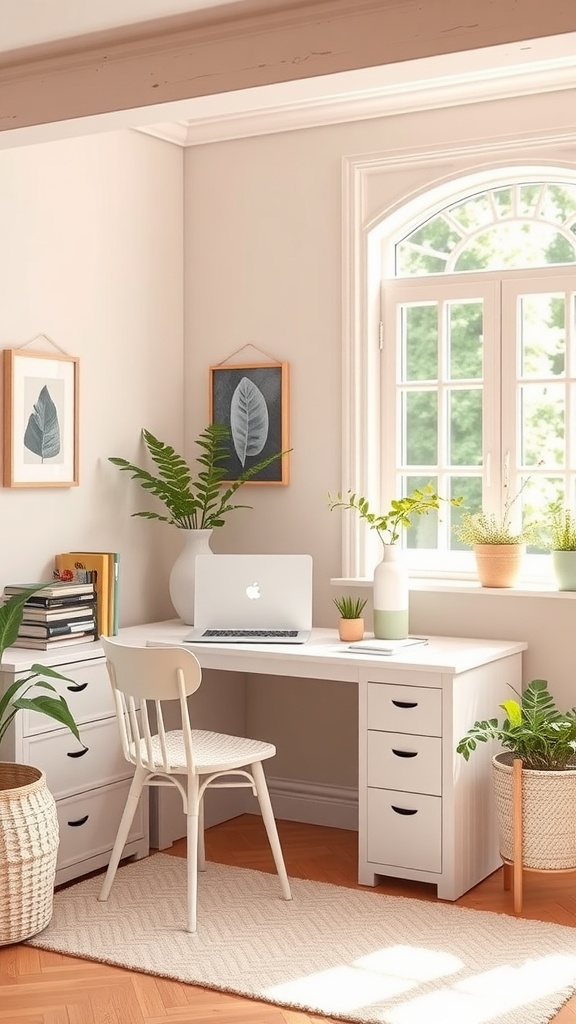 A bright home office with pastel color accents, featuring a white desk, plants, and art prints.