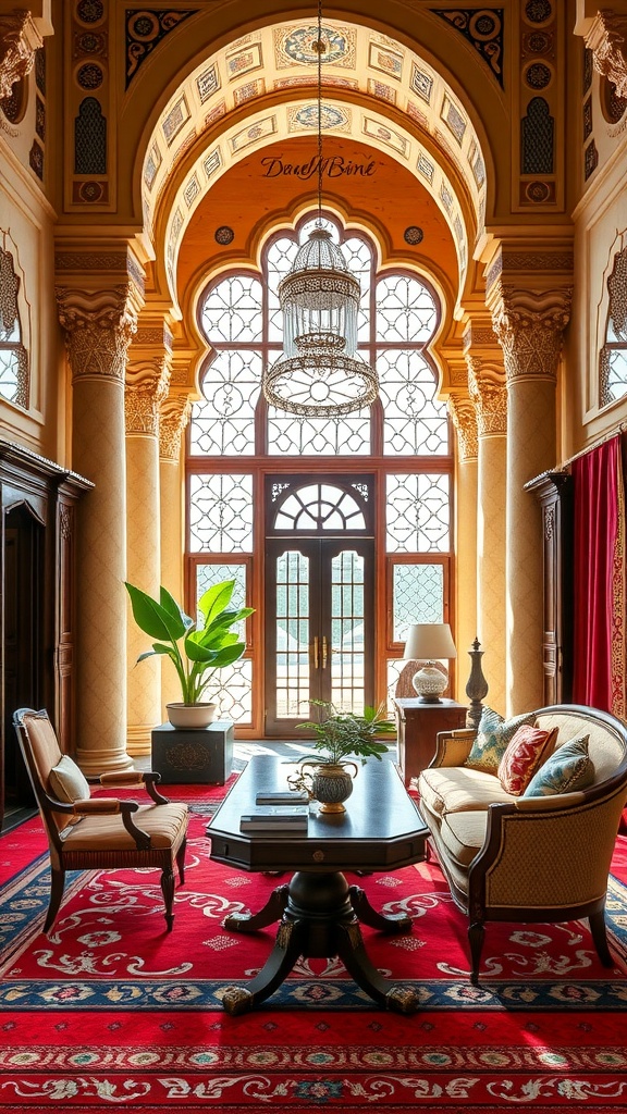 Interior of a Persian-style room with ornate architecture, large windows, and elegant furniture.