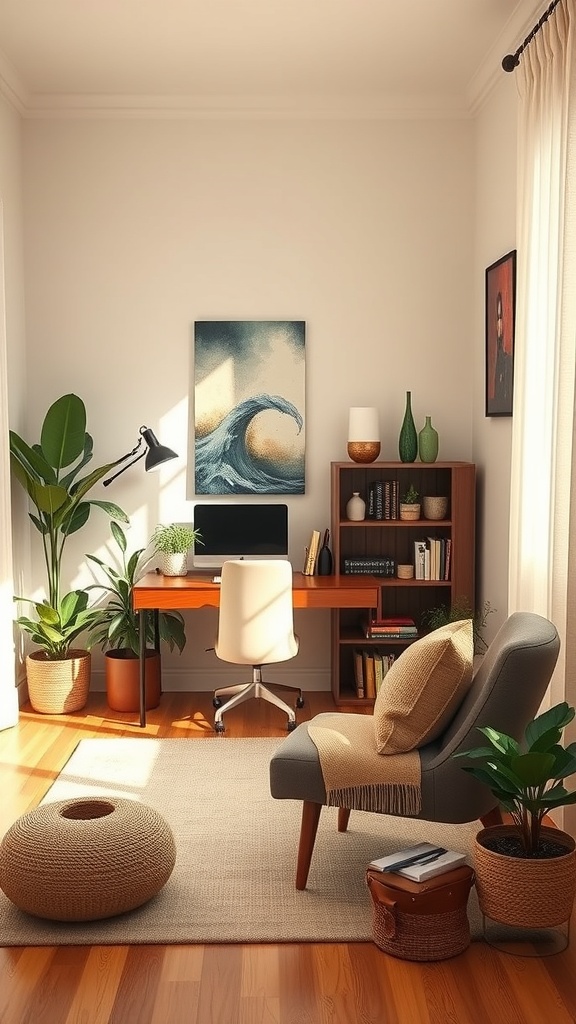 A cozy home office corner with a desk, chair, plants, and a relaxing atmosphere.