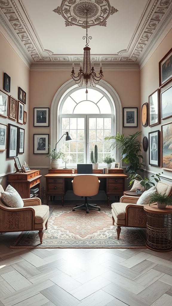 A beautifully designed home office with elegant architecture, framed artwork, and a cozy atmosphere.
