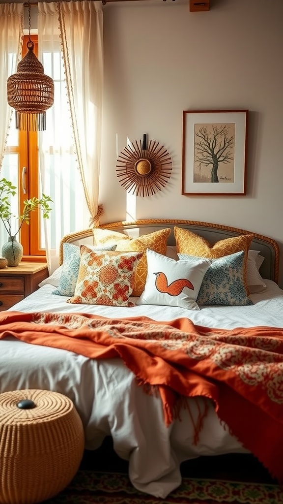 A cozy summer bedroom featuring a bed with colorful throw pillows, a warm blanket, and natural light from a window.