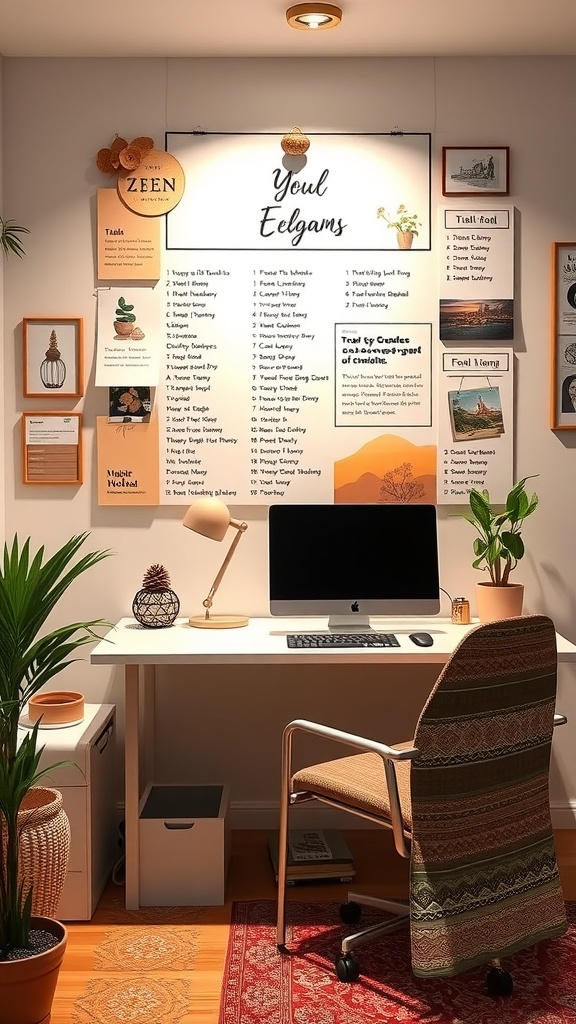 A personalized vision board displayed in a cozy work-from-home office, featuring inspiring quotes and images.