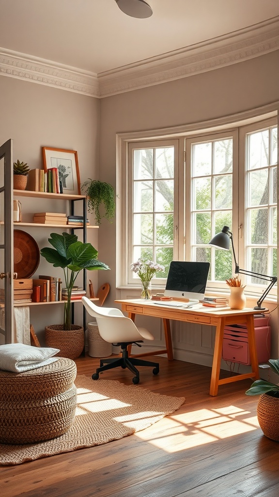 A bright and inviting home office with a wooden desk, plants, and natural light.