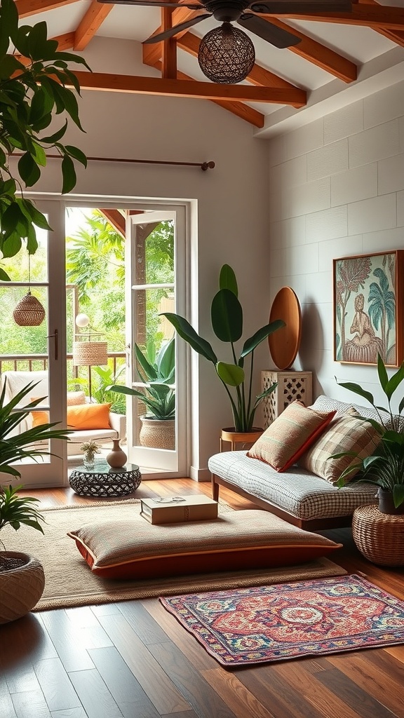 A cozy meditation room with natural light, plants, and comfortable seating, creating a peaceful atmosphere.