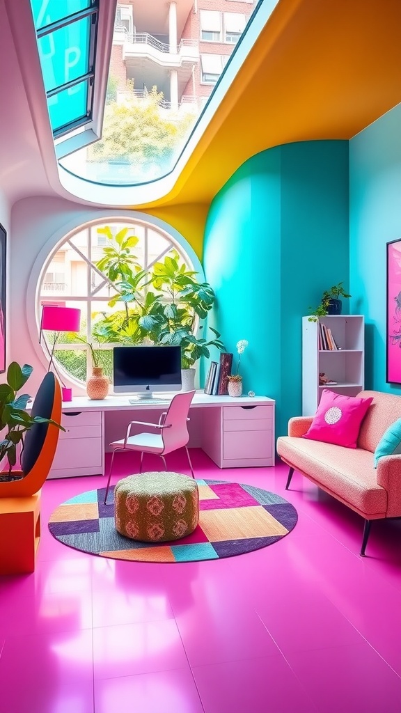A vibrant and colorful home office with pink flooring, turquoise walls, and unique furniture.