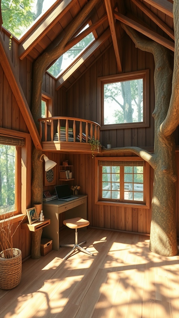 A cozy treehouse office with wooden exterior, desk, and chair surrounded by greenery.