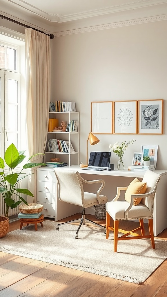 A cozy home office with pastel walls, a round wooden table, and plants for a natural touch.