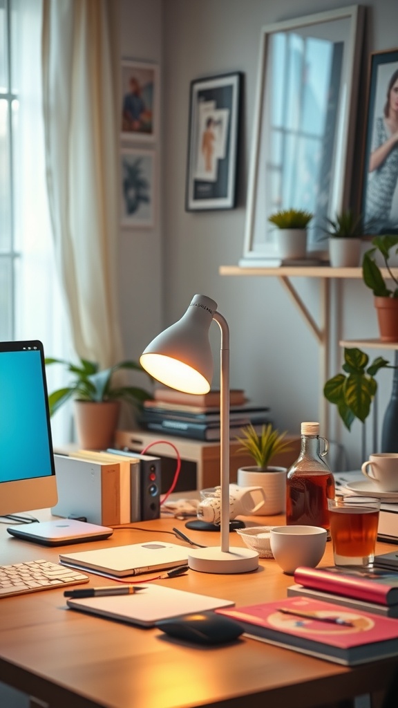 A modern desk lamp illuminating a home office workspace with a computer and various office supplies.