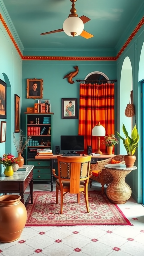 A vibrant home office with turquoise walls, orange curtains, and traditional decor items, reflecting Punjabi village charm.