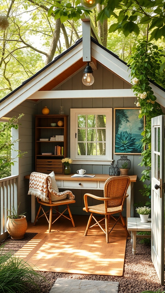 A cozy cottage office with a wooden desk, two chairs, and a window surrounded by greenery.
