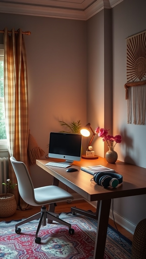 A cozy home office setup featuring a desk with a computer, a chair, noise-canceling headphones, and warm lighting.