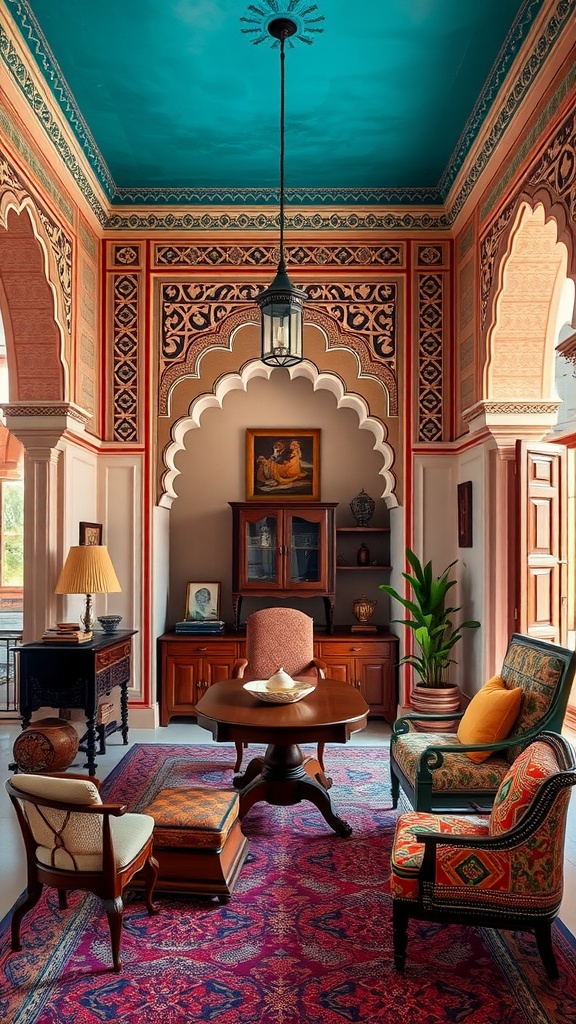 A beautifully designed Rajasthani haveli interior showcasing intricate patterns and vibrant colors, perfect for a home office.