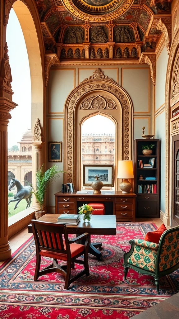 A beautifully designed home office inspired by Rajput fort architecture, featuring intricate ceiling details, elegant furnishings, and a view of a courtyard.