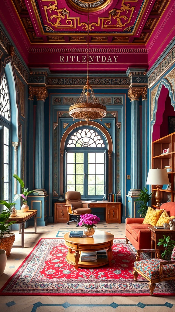 A vibrant home office designed in Rajputana style with intricate ceiling and traditional decor.