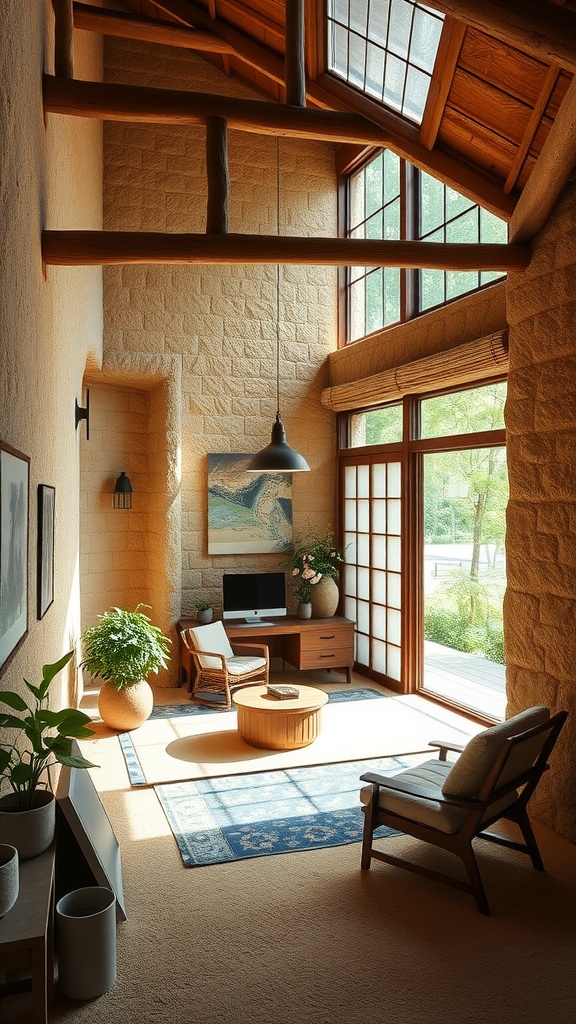 A cozy home office featuring rammed earth walls, large windows, and natural light.
