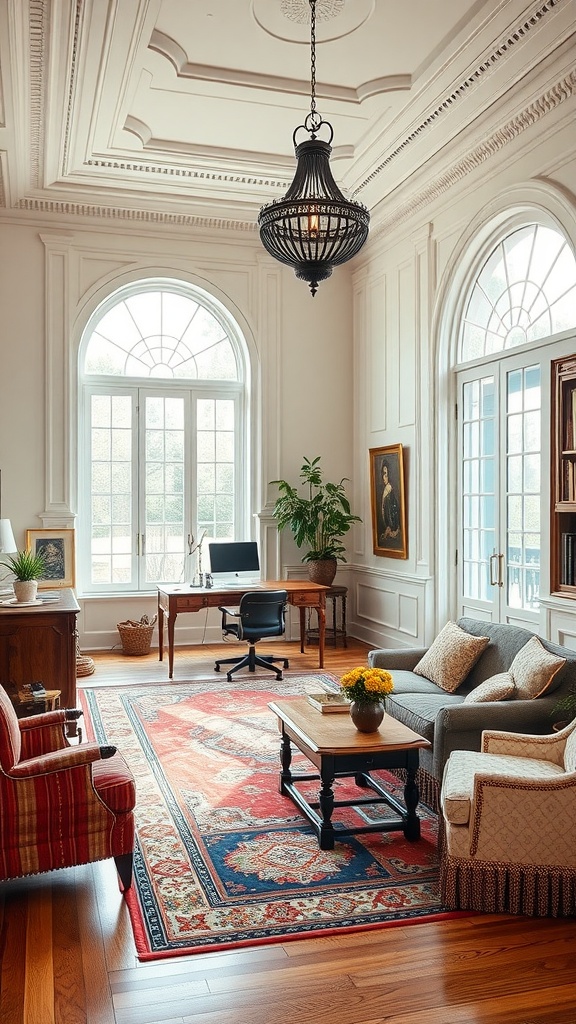A ranch style home office with elegant architecture, featuring large windows, intricate ceiling design, and classic furniture.